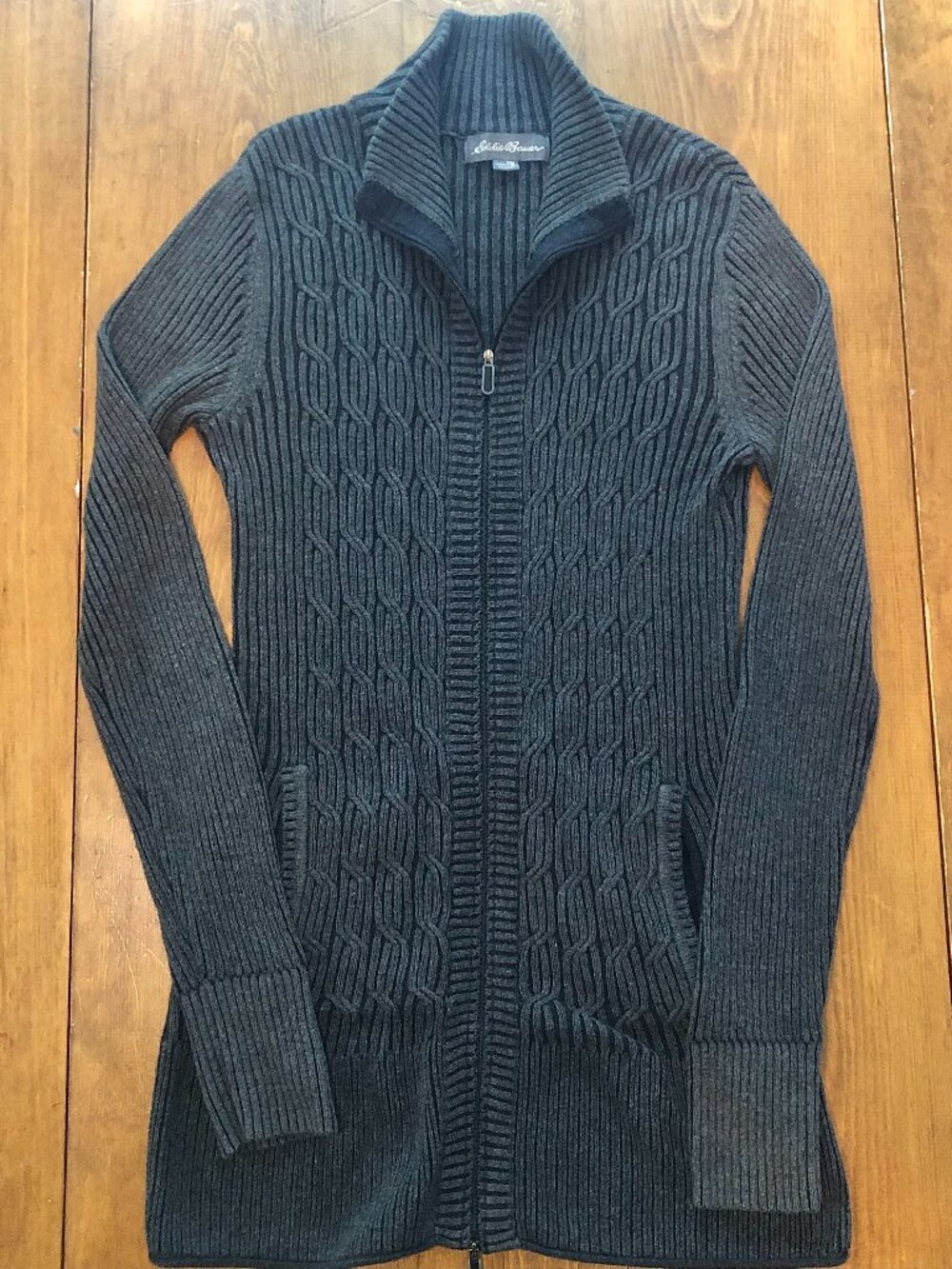 Women's Eddie Bauer Cable Knit Zip Up Sweater Cardigan Size Tall Medium Gray